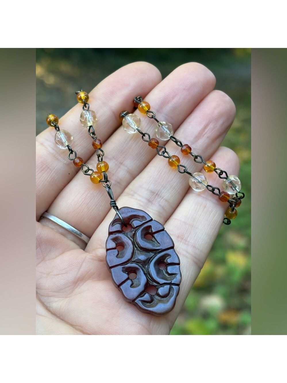 VINTAGE Chinese Carved Carnelian Stone Pendant Necklace Intricate Design Unisex